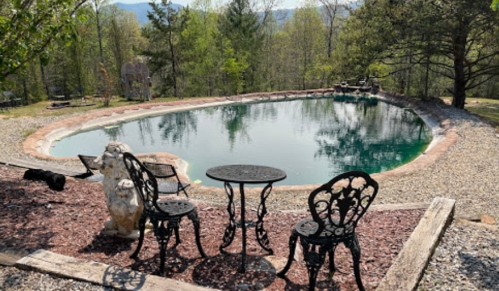 A serene outdoor scene featuring a circular pond surrounded by trees, with a small table and chairs nearby.