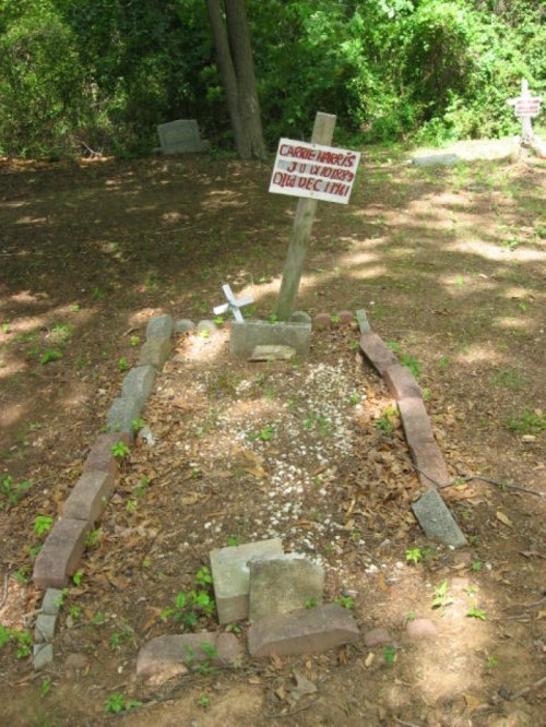 A small grave marked by a wooden sign, surrounded by stones and leaves, in a wooded area.