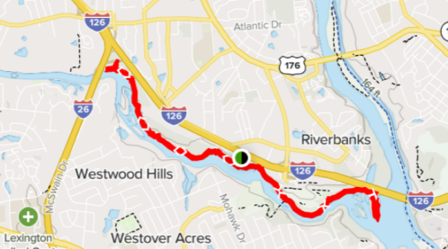 Map showing a section of the river near Westwood Hills, with highlighted routes and nearby roads.