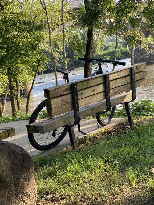 A wooden bench by a river, with a bicycle resting against it, surrounded by greenery and trees.