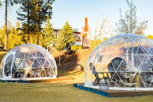 Two transparent geodesic domes on a grassy area, with trees and a large bottle sign in the background.