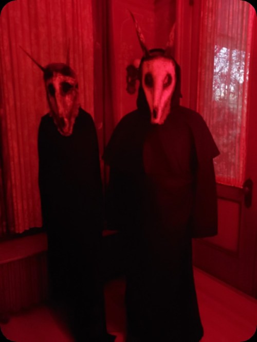 Two figures in dark cloaks wear eerie animal masks, standing in a dimly lit, red-tinted room.