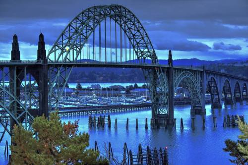 A scenic view of a large arch bridge over a calm body of water, with boats and trees in the background under a cloudy sky.