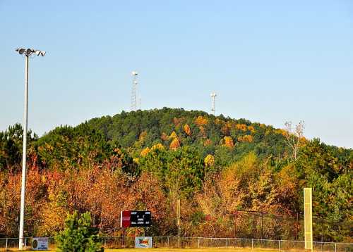 A hill covered in trees with autumn colors, featuring communication towers at the top, under a clear blue sky.