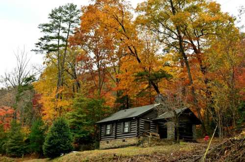 A cozy log cabin surrounded by vibrant autumn trees in shades of orange, yellow, and green.