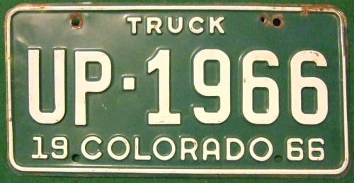 Green Colorado truck license plate with the number UP-1966 and the year 1966.