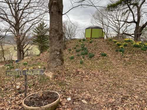A whimsical hobbit house on a grassy hill, surrounded by blooming flowers and bare trees under a cloudy sky.