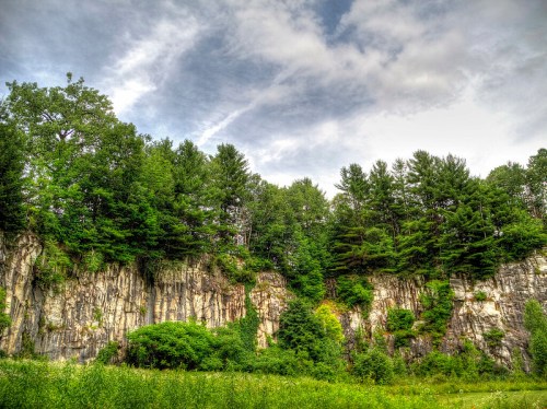 Lush green trees atop a rocky cliff under a cloudy sky, with a grassy foreground.