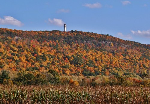 A scenic view of a colorful autumn landscape with a tower on a hill and a field in the foreground.