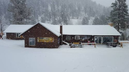 A cozy brown cabin covered in snow, surrounded by trees, with snowflakes falling in a winter landscape.