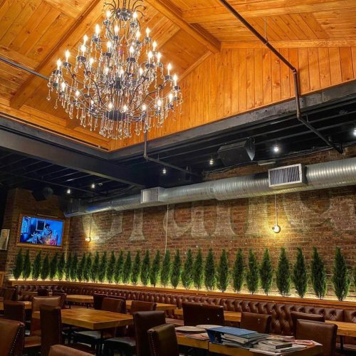 A cozy restaurant interior featuring a wooden ceiling, elegant chandelier, and plush seating along a green hedge wall.