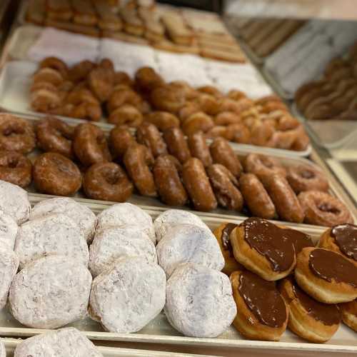 A variety of donuts displayed on a tray, including powdered, glazed, and chocolate-covered options.