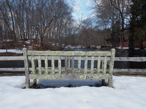 A weathered bench covered in moss sits on snow near a calm river, surrounded by bare trees and a cloudy sky.