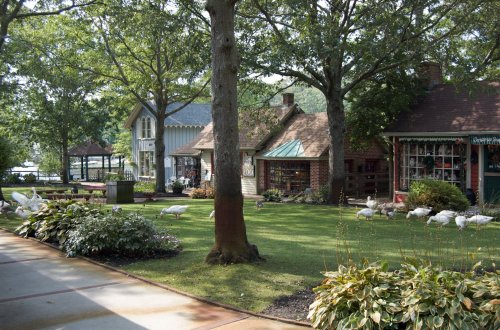 A quaint garden with lush greenery, charming cottages, and white geese wandering on the lawn under tall trees.