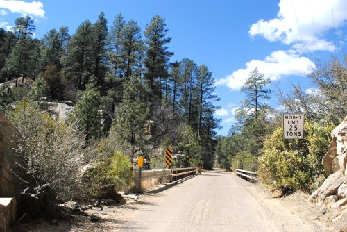 A dirt road surrounded by trees, with a weight limit sign for 25 tons and a clear blue sky above.