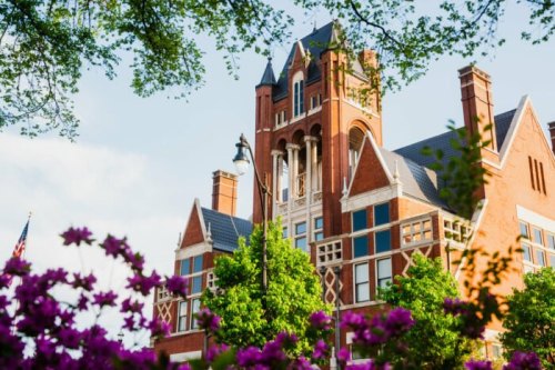 Historic brick building with a tower, surrounded by green trees and blooming purple flowers under a clear sky.
