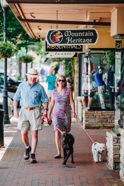 A man and woman walk dogs on a brick sidewalk, with shops and greenery in the background.