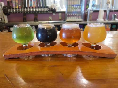 A flight of four small beer glasses on a wooden paddle, featuring green, black, amber, and golden brews.