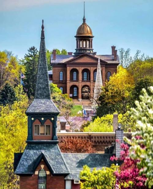 Historic buildings with distinctive architecture surrounded by lush greenery and trees in a vibrant landscape.