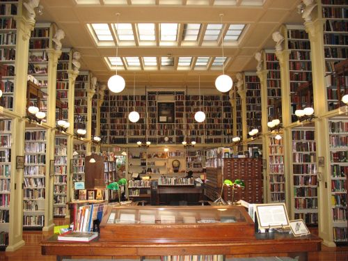 A spacious library with tall bookshelves, wooden furniture, and bright overhead lights, creating a warm, inviting atmosphere.