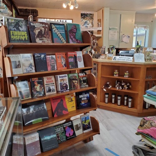A display of Bigfoot-related books on shelves in a cozy shop, with a wooden counter and various items in the background.