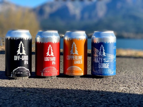 Four cans of craft beer lined up on a path, with scenic mountains and water in the background.