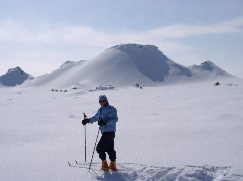 A person stands on a snowy landscape, wearing winter gear and holding ski poles, with mountains in the background.