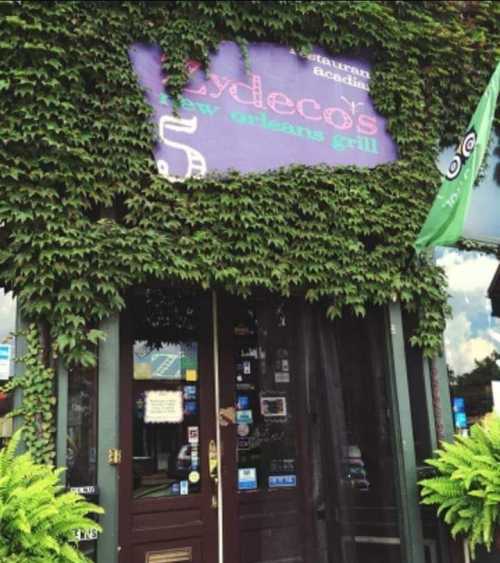 A restaurant facade covered in green ivy, featuring a sign that reads "Zydeco's New Orleans Grill."