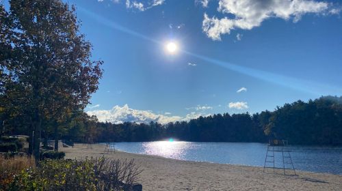A sunny beach scene with a calm lake, trees, and a clear blue sky dotted with clouds.