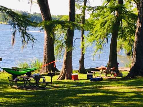 A serene lakeside scene with picnic tables, a hammock, and trees, perfect for relaxation and outdoor activities.