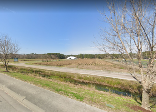 A rural landscape featuring a field, a dirt road, and bare trees under a clear blue sky.