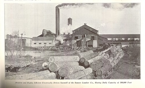 Historic sawmill with large logs in front, smoke rising from the chimney, showcasing industrial lumber processing.