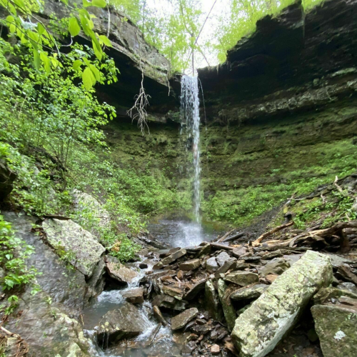 A serene waterfall cascades down rocky cliffs, surrounded by lush greenery and a small stream below.