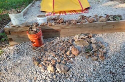 A collection of rocks and stones arranged on gravel, with buckets and a yellow tent in the background.
