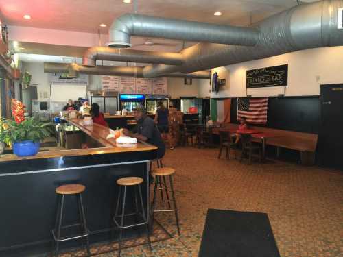 Interior of a casual bar with a long counter, seating, and decor including flags and a potted plant.