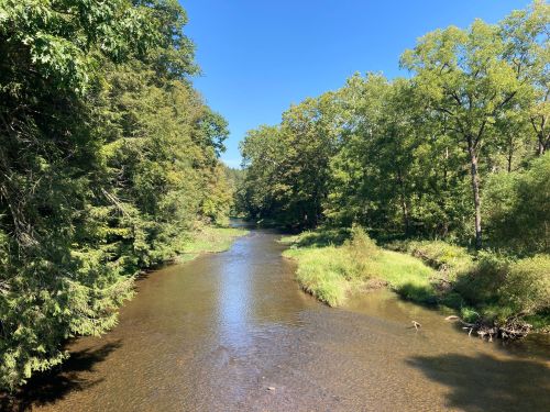 A serene river flows through a lush green landscape under a clear blue sky. Trees line the banks, creating a peaceful scene.