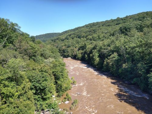 A winding river flows through a lush green landscape under a clear blue sky.