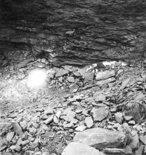 A rocky cave interior with scattered stones and faint light illuminating the space.