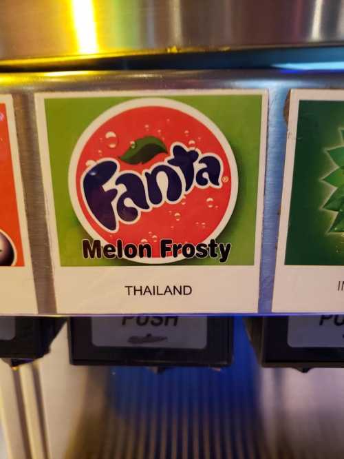 Label of a Fanta Melon Frosty drink, indicating it's from Thailand.