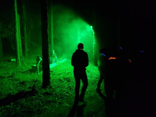 Silhouettes of people walking in a dark forest illuminated by green light and fog, with trees in the background.