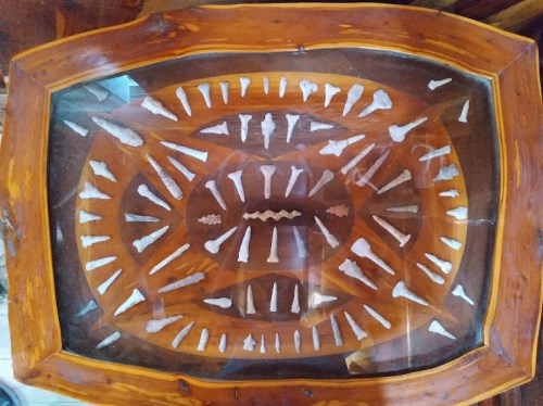 A wooden display case containing various small, pointed artifacts arranged in a circular pattern.
