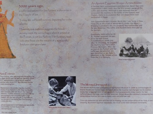 A historical display about ancient Egyptian mummification and the discovery of a woman's coffin, featuring text and images.