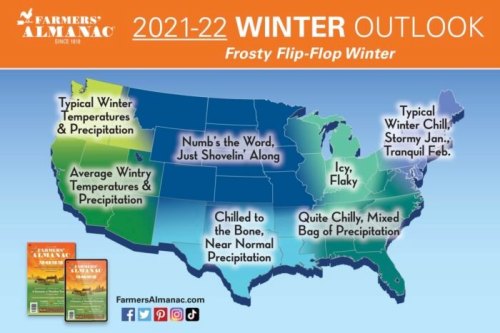 Map of the U.S. showing the 2021-22 winter outlook with regional temperature and precipitation forecasts.