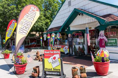 A colorful storefront with signs for "Weed Store," featuring souvenirs, t-shirts, and decorative items outside.