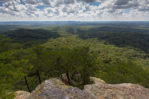 A panoramic view of lush green forests and rolling hills under a cloudy sky from a rocky overlook.