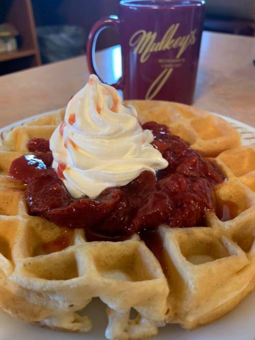 A golden waffle topped with strawberry sauce and whipped cream, with a coffee mug in the background.