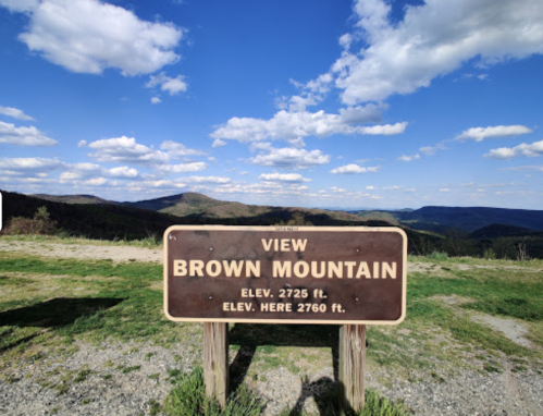 A sign for Brown Mountain with elevation details, set against a backdrop of blue skies and scattered clouds.
