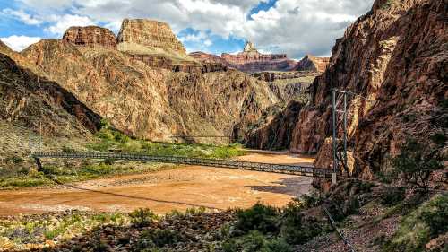 A scenic view of a canyon with a river, rocky cliffs, and a metal bridge under a partly cloudy sky.