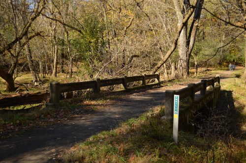 A wooden bridge over a path in a wooded area, surrounded by trees and autumn foliage.