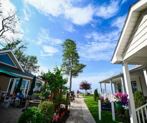 A scenic pathway lined with colorful flowers and cottages, leading to a lake under a bright blue sky.